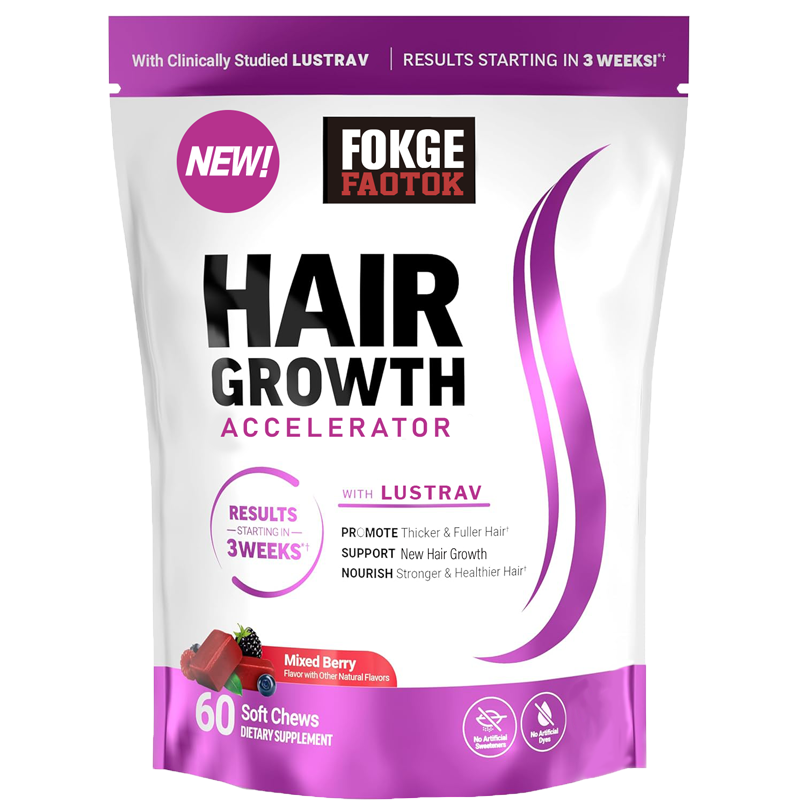 2-Piece Set Force Factor Hair Growth Accelerator with Clinically Studied Lustriva to Promote Thicker, Stronger Hair, Biotin, Vitamin E & C, Mixed Berry, Soft Chew or Capsule