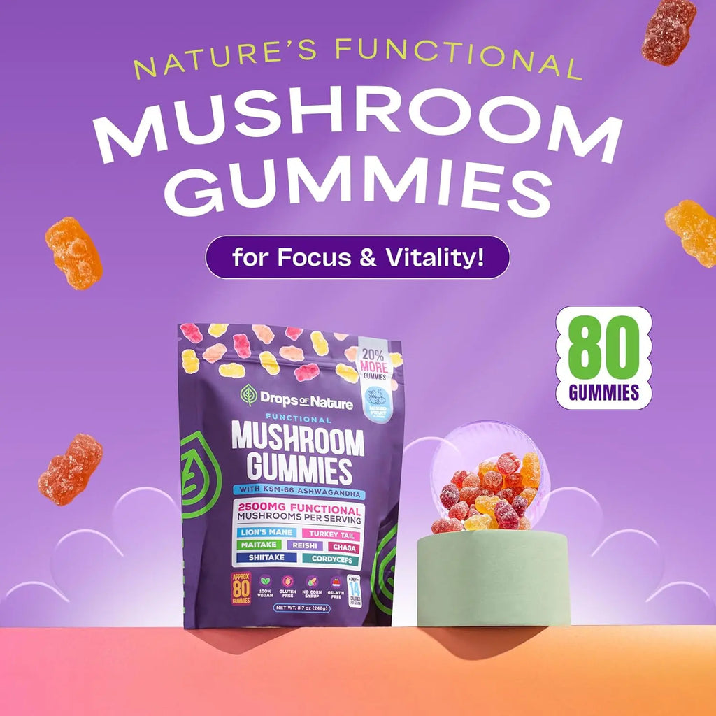 2-Piece Set Drops Of Nature Ashwagandha KSM-66, Reishi, Lions Mane, Shiitake, Cordyceps, Turkey Tail, Maitake, Chaga Supplement Gummies - Mixed Fruits, 80 Gummies