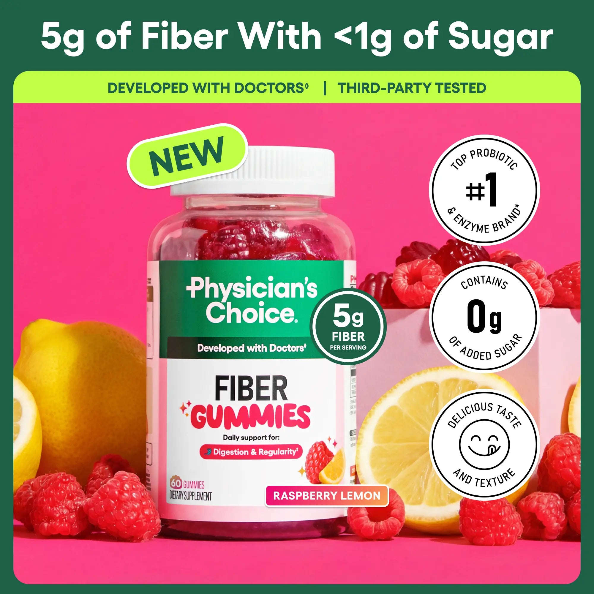 2-Piece Set Physician’s Choice Fiber Gummies for Digestive Health & Regularity - Raspberry Lemon Flavor - No Sugar Added & Vegan - Daily Gummy for Adults