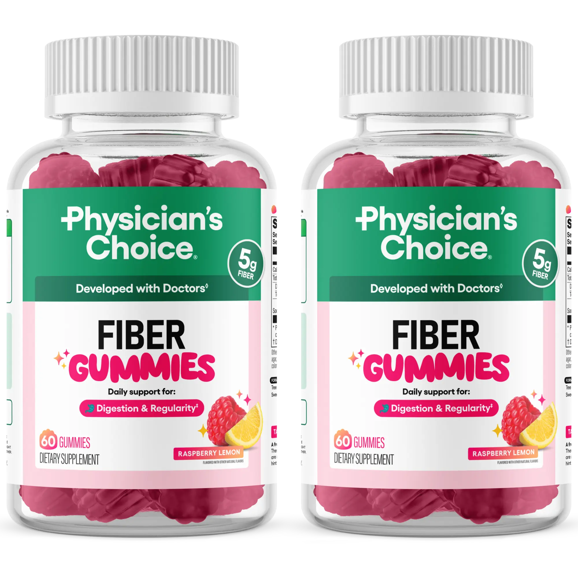 2-Piece Set Physician’s Choice Fiber Gummies for Digestive Health & Regularity - Raspberry Lemon Flavor - No Sugar Added & Vegan - Daily Gummy for Adults