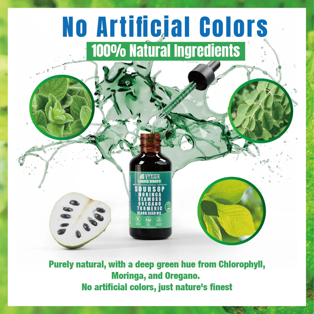 2-Piece Set VYXION Pure Soursop 10 in 1 Liquid Drops Extract - Seamoss,Moringa,Black Seed Oil,Turmeric,Oregano Liquid Drops for Immune System and Gut Health Support