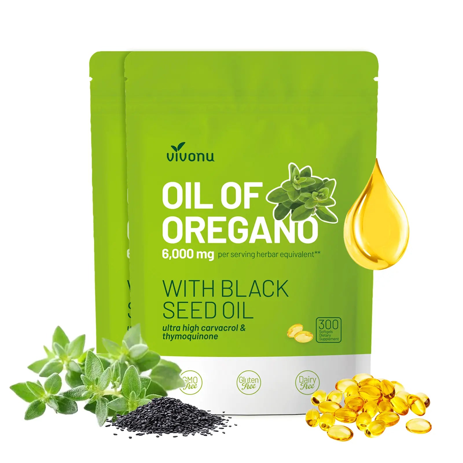 2-Piece Set VivoNu Organic Oregano Oil Capsules with Black Seed – 6000mg per Serving, 300 Softgels – Herbal Support for Wellness, Non-GMO, Gluten-Free