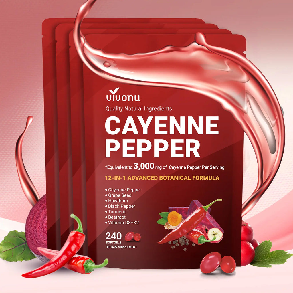 2-Piece Set Cayenne Pepper Softgels Supplement, Supports Leg Vein, Heart and Blood Vessel Health, with Vitamin E D3+K2 and Extracts of Grape Seed, Hawthorn, Beetroot and Others (240 Softge /1 Bag)