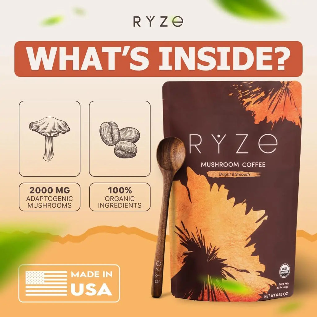 2-Piece Set RYZE SUPERFOODS Mushroom Medium Roast Coffee USDA Organic with 6 Adaptogenic Mushrooms, USA Grown Instant Coffee for Better Energy, Focus Digestion Immunity with Lions Mane & Turkey Tail 30 Servings