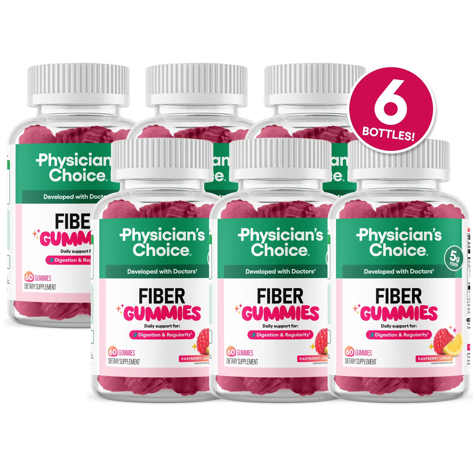 2-Piece Set Physician’s Choice Fiber Gummies for Digestive Health & Regularity - Raspberry Lemon Flavor - No Sugar Added & Vegan - Daily Gummy for Adults