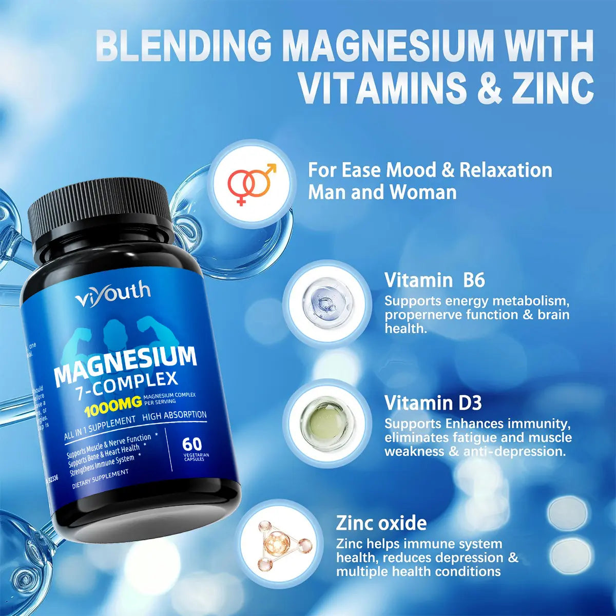 2-Piece Set Viyouth 1000mg Magnesium Complex - 10 Elemental Magnesium Complex & Zinc for Calming Sleep & Relax - US Made - Dietary Supplement for Hair Health Digestive Detox & Cortisol Balance-3rd Party Tested Tablets Fitness, magnesium glycinate Vitamin