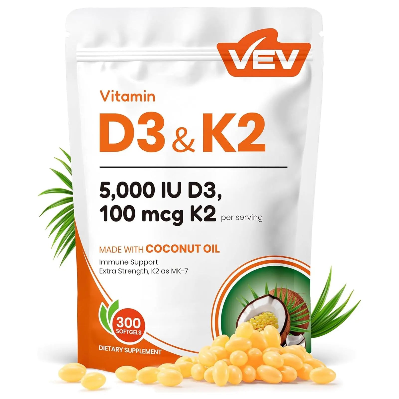 2-Piece Set VEV Corefeel Vitamin D3 K2 10000 IU, 300 Virgin Coconut Oil Softgels, 2 in 1 Vitamins Supplement D & K, Dietary Supplemental Pack, Mothersdaygift, Summervibes