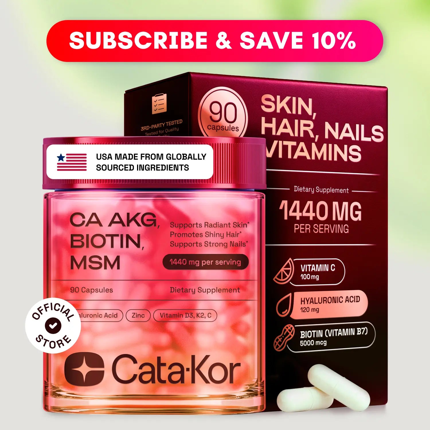 2-Piece Set Cata-Kor Skin, Hair & Nails Supplement – Ca AKG | MSM | Hyaluronic Acid | Biotin – Supports Radiant Skin, Promotes Shiny Hair & Strong Nails – Beauty Complex, Dietary Supplement