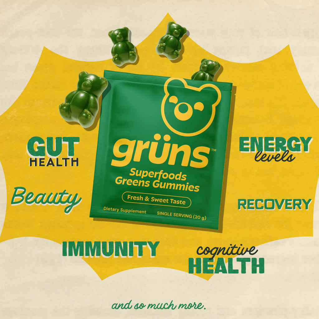 2-Piece Set Grüns Superfood Greens Gummies: Comprehensive nutrition supplement with 60+ ingredients: Vitamins and Minerals, Prebiotics for Digestive Health, Adaptogens, Chlorophyll, Chlorella, Fruits and Vegetables, Gluten Free, Vegan, Third Party Tested