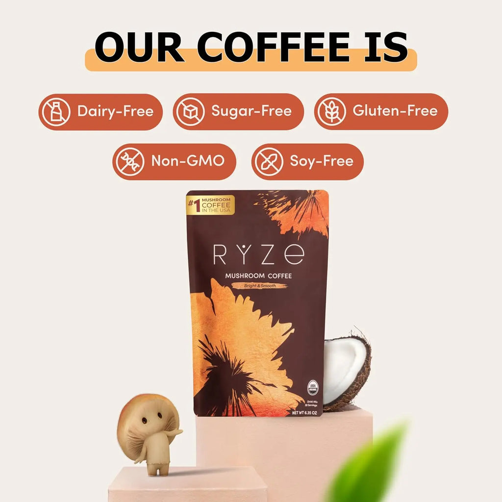 2-Piece Set RYZE SUPERFOODS Mushroom Medium Roast Coffee USDA Organic with 6 Adaptogenic Mushrooms, USA Grown Instant Coffee for Better Energy, Focus Digestion Immunity with Lions Mane & Turkey Tail 30 Servings
