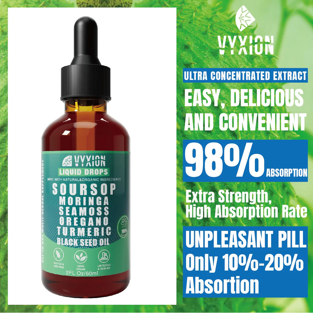 2-Piece Set VYXION Pure Soursop 10 in 1 Liquid Drops Extract - Seamoss,Moringa,Black Seed Oil,Turmeric,Oregano Liquid Drops for Immune System and Gut Health Support
