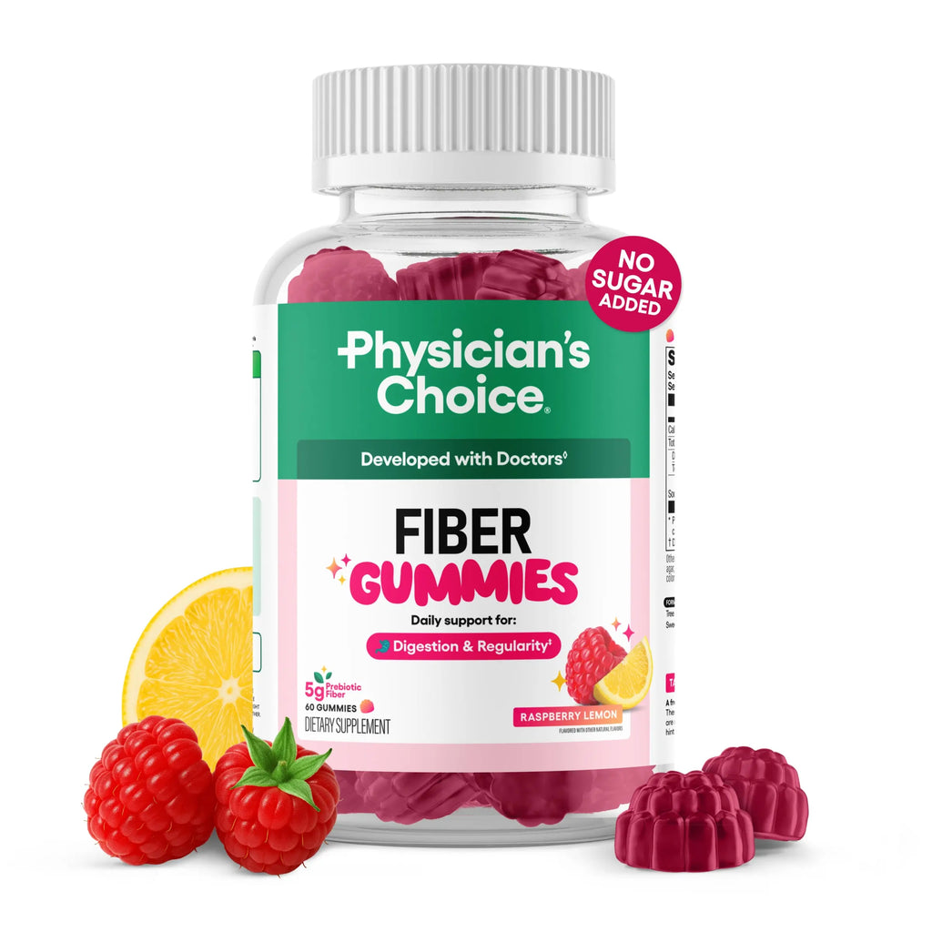 2-Piece Set Physician’s Choice Fiber Gummies for Digestive Health & Regularity - Raspberry Lemon Flavor - No Sugar Added & Vegan - Daily Gummy for Adults