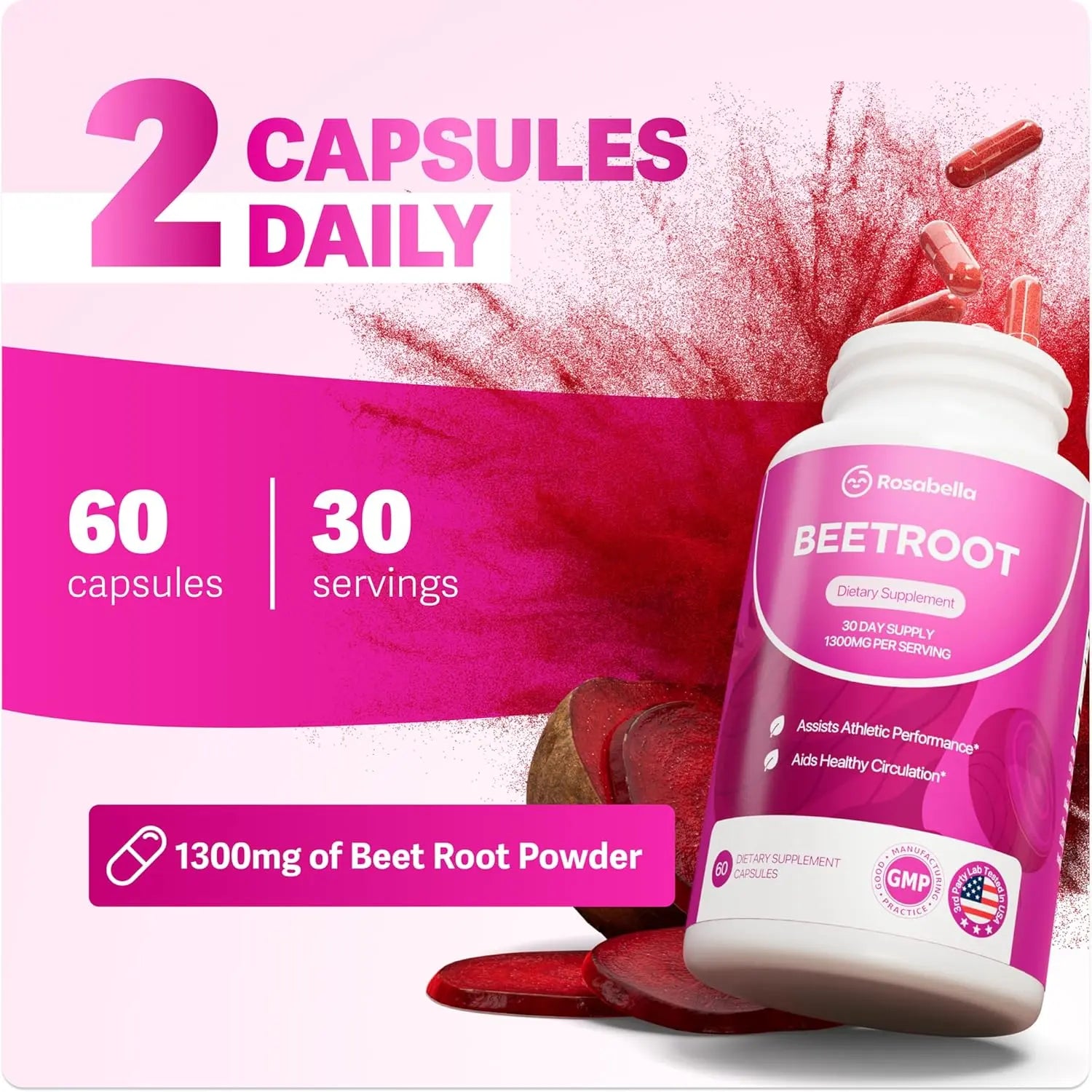 2-Piece Set Rosabella Organic Beetroot Capsules (1300mg) for Blood Flow & Heart Health