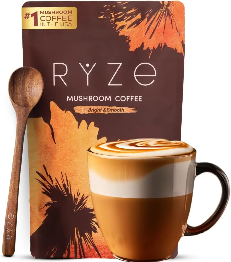 2-Piece Set RYZE SUPERFOODS Mushroom Medium Roast Coffee USDA Organic with 6 Adaptogenic Mushrooms, USA Grown Instant Coffee for Better Energy, Focus Digestion Immunity with Lions Mane & Turkey Tail 30 Servings