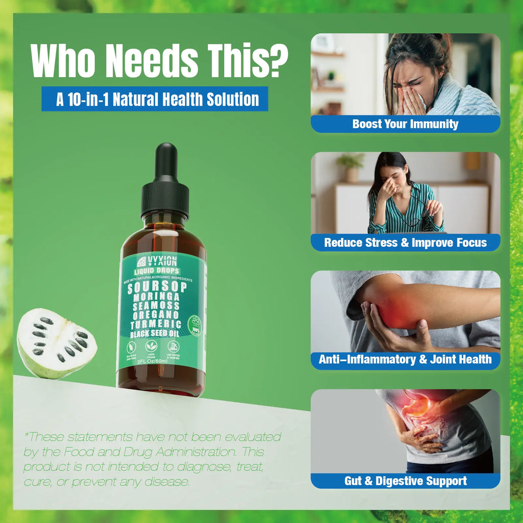 2-Piece Set VYXION Pure Soursop 10 in 1 Liquid Drops Extract - Seamoss,Moringa,Black Seed Oil,Turmeric,Oregano Liquid Drops for Immune System and Gut Health Support