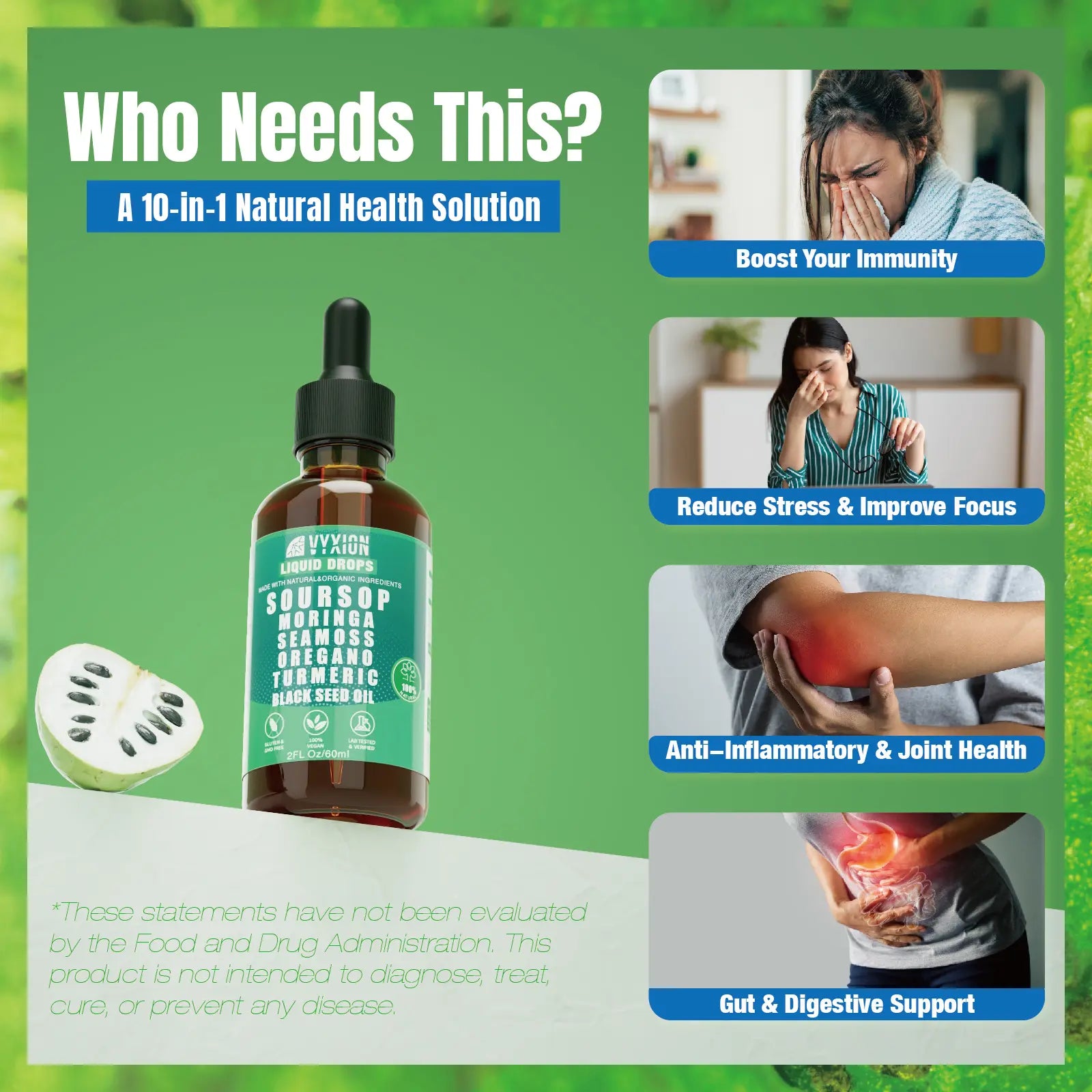2-Piece Set VYXION Pure Soursop 10 in 1 Liquid Drops Extract - Seamoss,Moringa,Black Seed Oil,Turmeric,Oregano Liquid Drops for Immune System and Gut Health Support