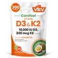 2-Piece Set VEV Corefeel Vitamin D3 K2 10000 IU, 300 Virgin Coconut Oil Softgels, 2 in 1 Vitamins Supplement D & K, Dietary Supplemental Pack, Mothersdaygift, Summervibes