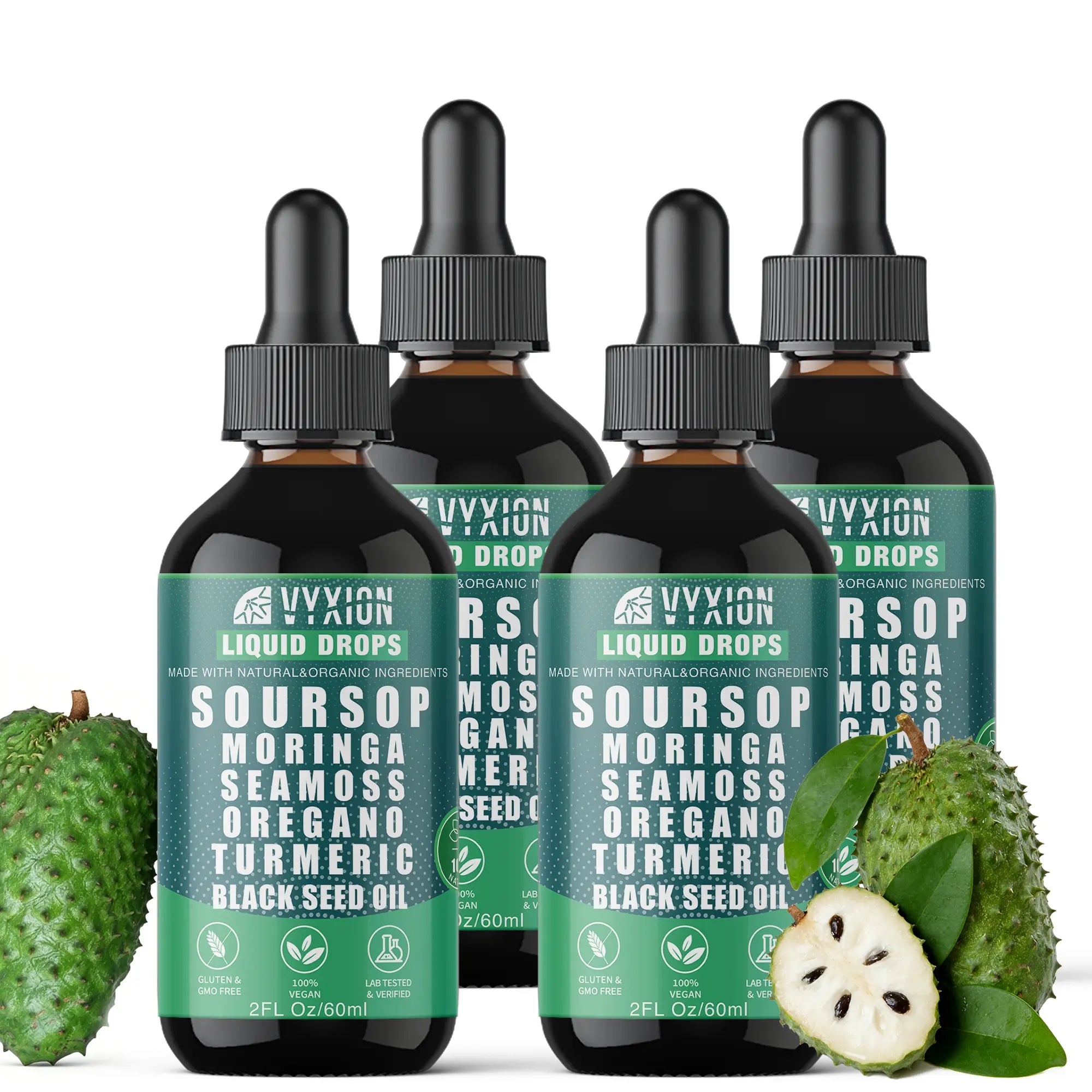 2-Piece Set VYXION Pure Soursop 10 in 1 Liquid Drops Extract - Seamoss,Moringa,Black Seed Oil,Turmeric,Oregano Liquid Drops for Immune System and Gut Health Support
