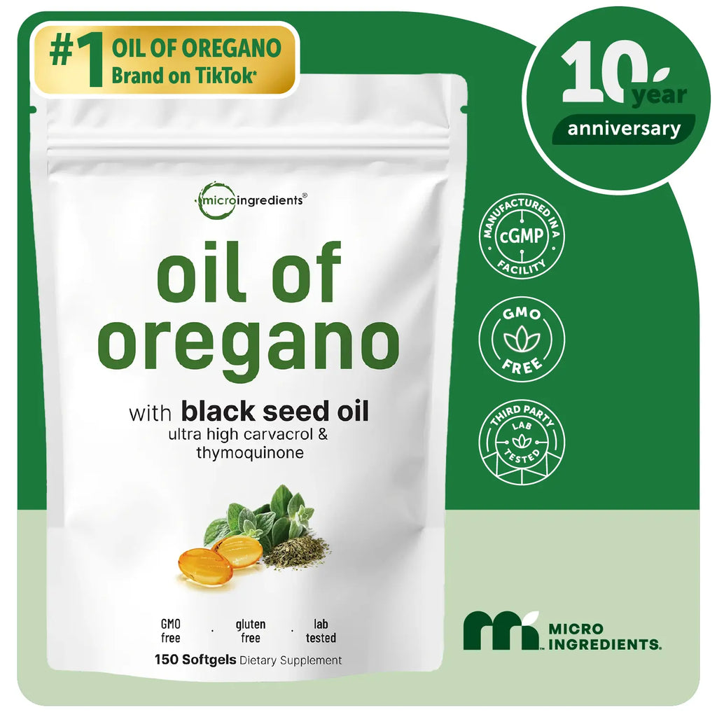2-Piece Set Micro Ingredients Oregano Oil with Black Seed Oil, 150/300 Softgel, 4X Strength Carvacrol & Thymoquinone | Plant Based, Non-GMO