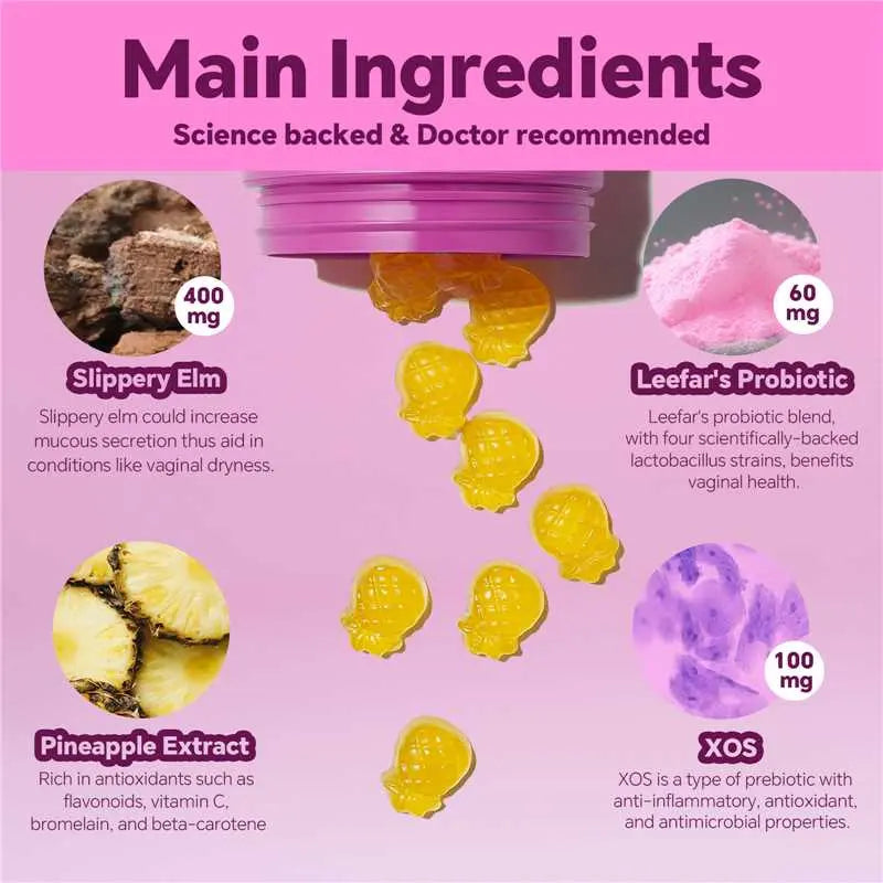 2-Piece Set LEEFAR Her Juicy Feminine Probiotics Gummies- All in One Solution with Slippery Elm and Prebiotics&Lactobacillus Probiotic Blend for Women’s pH Balance and Dryness - Hawaiian Pineapple Gummies 60 Count probiotics women