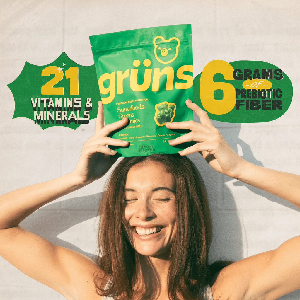 2-Piece Set Grüns Superfood Greens Gummies: Comprehensive nutrition supplement with 60+ ingredients: Vitamins and Minerals, Prebiotics for Digestive Health, Adaptogens, Chlorophyll, Chlorella, Fruits and Vegetables, Gluten Free, Vegan, Third Party Tested