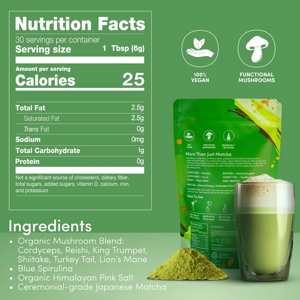 2-Piece Set RYZE Mushroom Matcha, USDA Organic with 6 Adaptogenic Mushrooms and Ceremonial-Grade Japanese Matcha for Energy, Focus, Digestion, Immunity with Turkey Tail, Shiitake, Lion's Mane, Reishi, 30 servings
