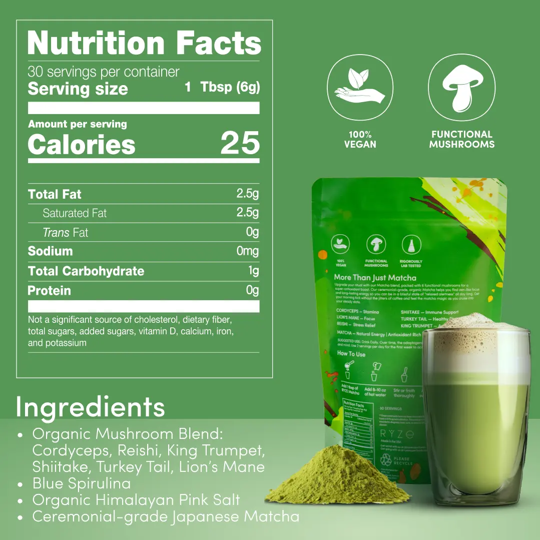 2-Piece Set RYZE Mushroom Matcha, USDA Organic with 6 Adaptogenic Mushrooms and Ceremonial-Grade Japanese Matcha for Energy, Focus, Digestion, Immunity with Turkey Tail, Shiitake, Lion's Mane, Reishi, 30 servings
