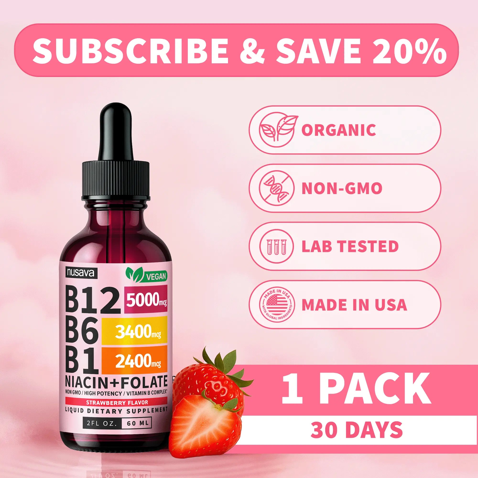 2-Piece Set (1-PACK) Vitamin B12 Liquid Supplement Drops with B6, B1, Niacin & Folate - Edible Support for Energy, Brain & Heart, Non-GMO & Gluten-Free, 4 FI Oz