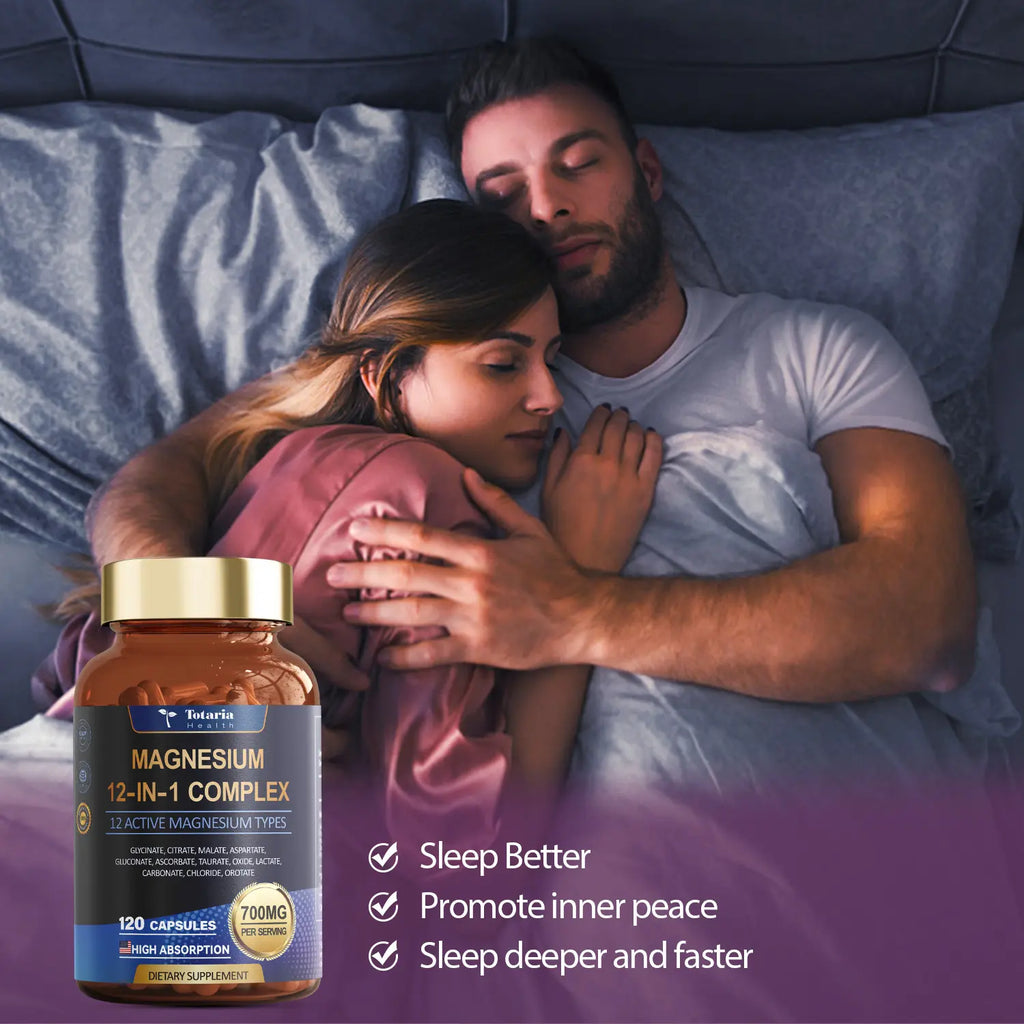 2-Piece Set Totaria 12-in-1 Magnesium Complex 700mg - Supplement with Glycinate Citrate Malate Oxide Taurate Aspartate Orotate, Vegan Capsules for Muscle, Heart, and Relaxation Support
