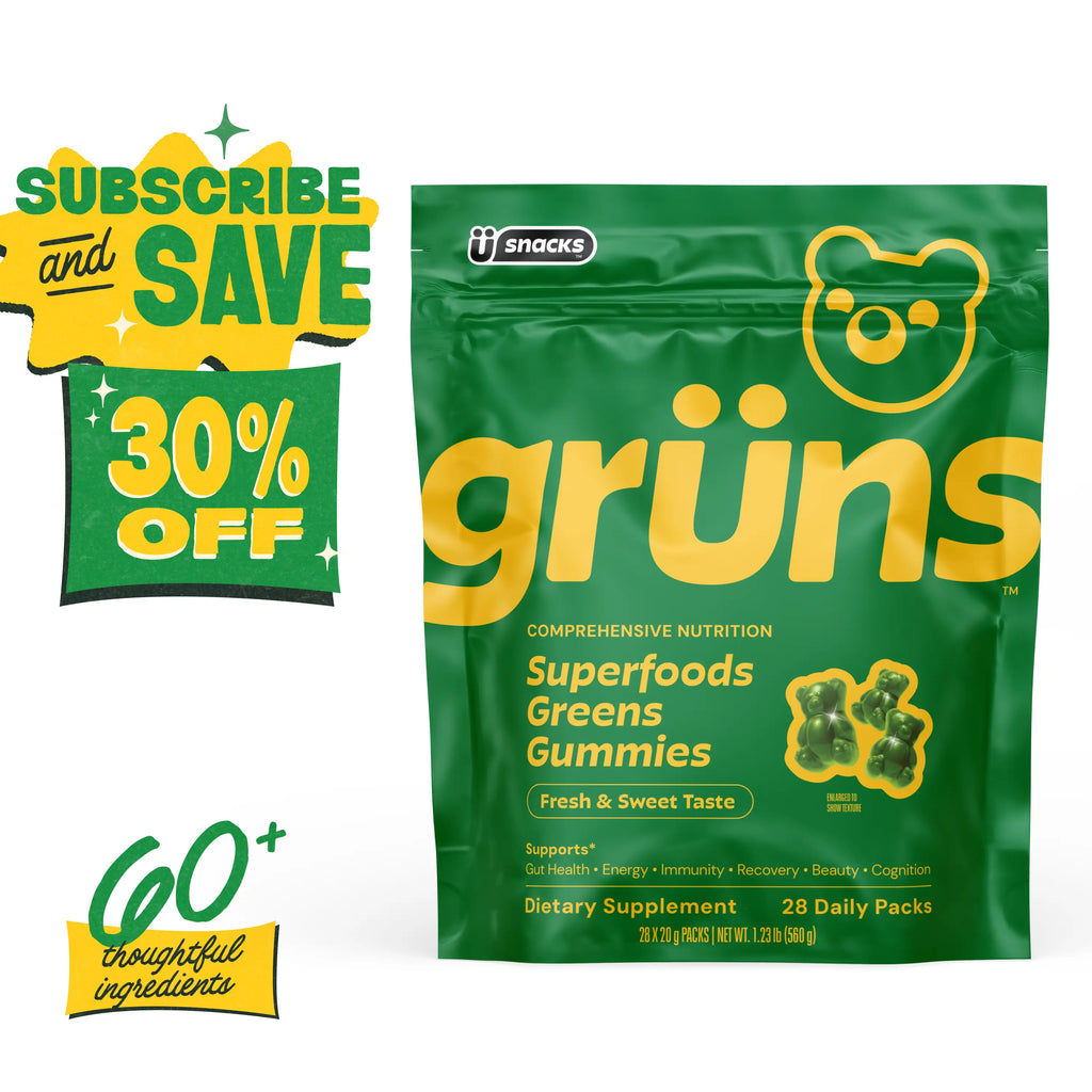 2-Piece Set Grüns Superfood Greens Gummies: Comprehensive nutrition supplement with 60+ ingredients: Vitamins and Minerals, Prebiotics for Digestive Health, Adaptogens, Chlorophyll, Chlorella, Fruits and Vegetables, Gluten Free, Vegan, Third Party Tested