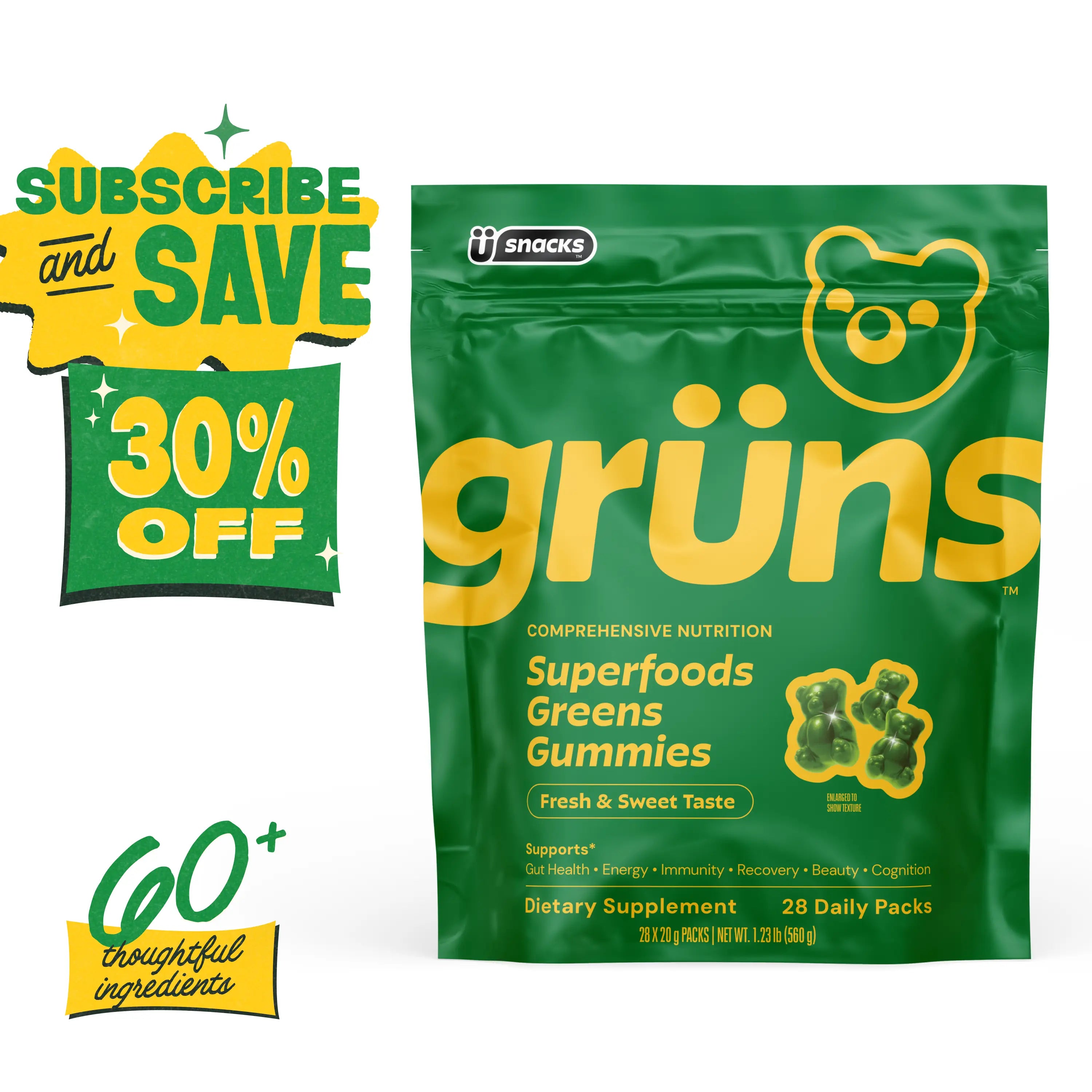 2-Piece Set Grüns Superfood Greens Gummies: Comprehensive nutrition supplement with 60+ ingredients: Vitamins and Minerals, Prebiotics for Digestive Health, Adaptogens, Chlorophyll, Chlorella, Fruits and Vegetables, Gluten Free, Vegan, Third Party Tested