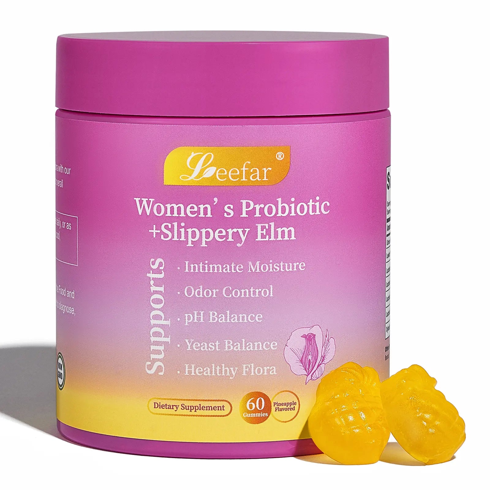 2-Piece Set LEEFAR Her Juicy Feminine Probiotics Gummies- All in One Solution with Slippery Elm and Prebiotics&Lactobacillus Probiotic Blend for Women’s pH Balance and Dryness - Hawaiian Pineapple Gummies 60 Count probiotics women