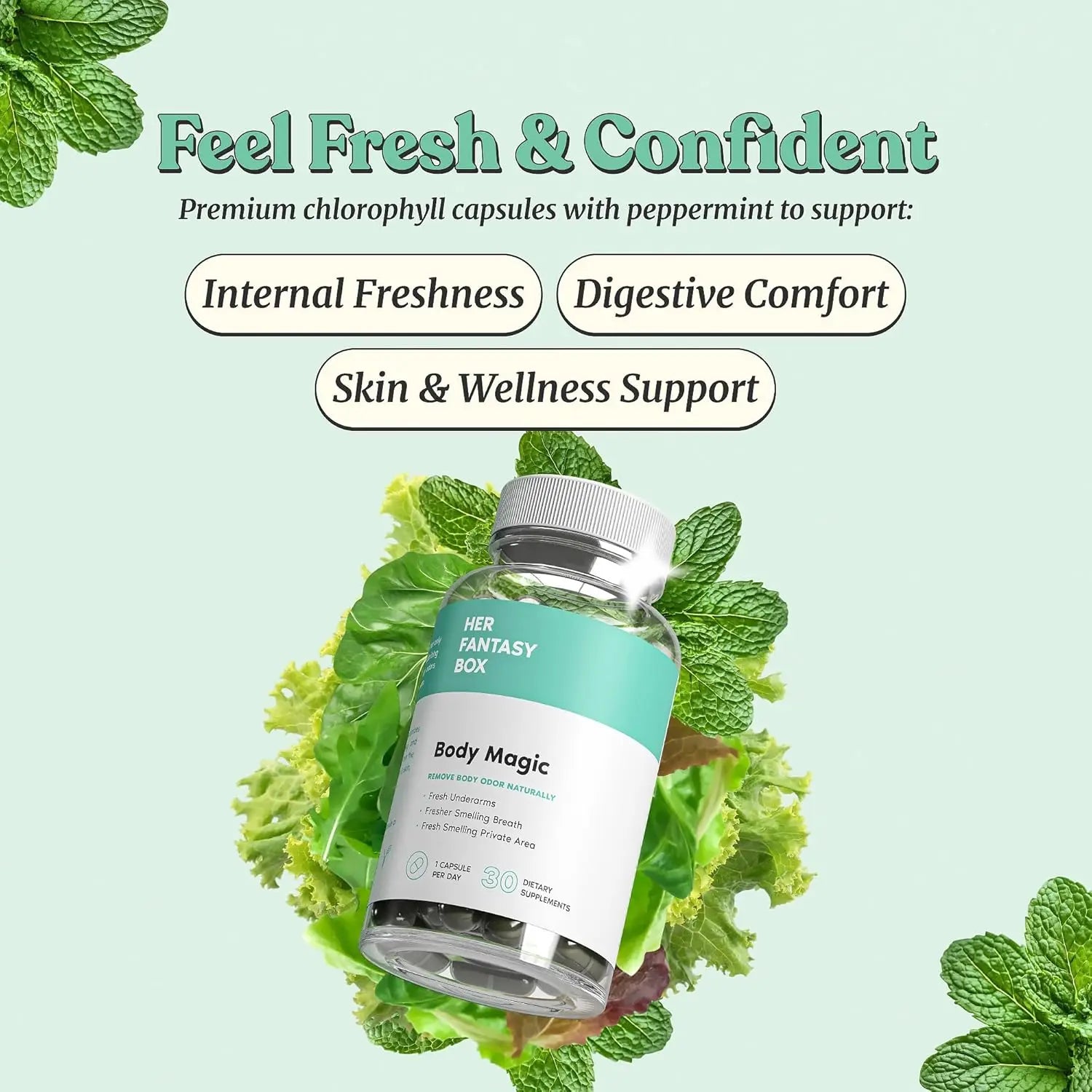 2-Piece Set Body Magic Chlorophyll Capsules for Detox, Digestion, Gut Health, and Skin Support, Natural Energy Booster for Oily Skin, 30 Vegan Capsules