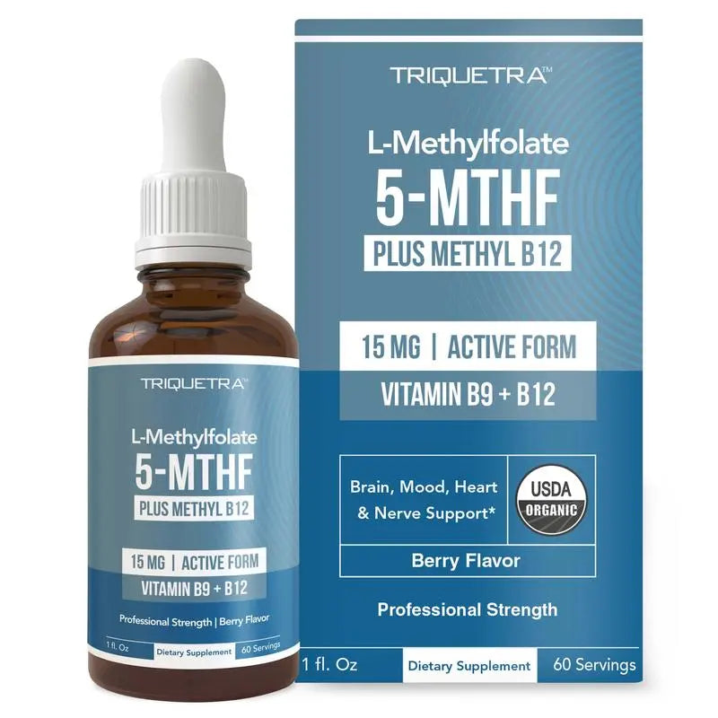 2-Piece Set L Methyl Folate 15mg + B12 Cofactor – Organic, Berry Flavor, Professional Strength, Liquid Active 5-MTHF Form, Supports Mood, Methylation, & Cognition fitness dietary