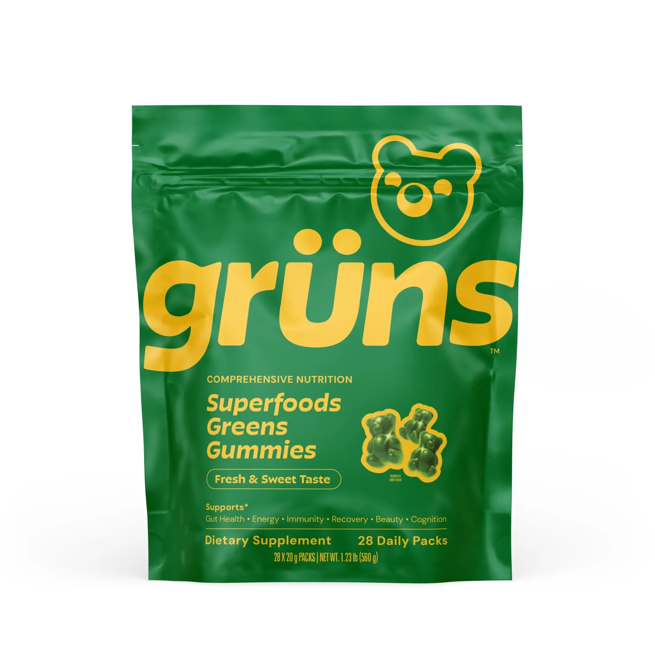 2-Piece Set Grüns Superfood Greens Gummies: Comprehensive nutrition supplement with 60+ ingredients: Vitamins and Minerals, Prebiotics for Digestive Health, Adaptogens, Chlorophyll, Chlorella, Fruits and Vegetables, Gluten Free, Vegan, Third Party Tested