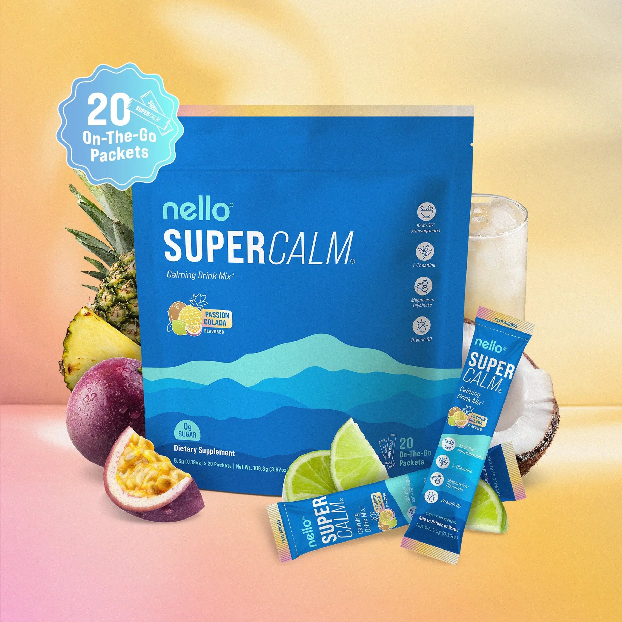 2-Piece Set Nello Supercalm Calming Drink Mix with KSM-66 Ashwagandha Vitamin D3 Magnesium & L-Theanine Supports Cortisol Balance Mood Sleep 20 Servings Travel Packets Dietary Supplement