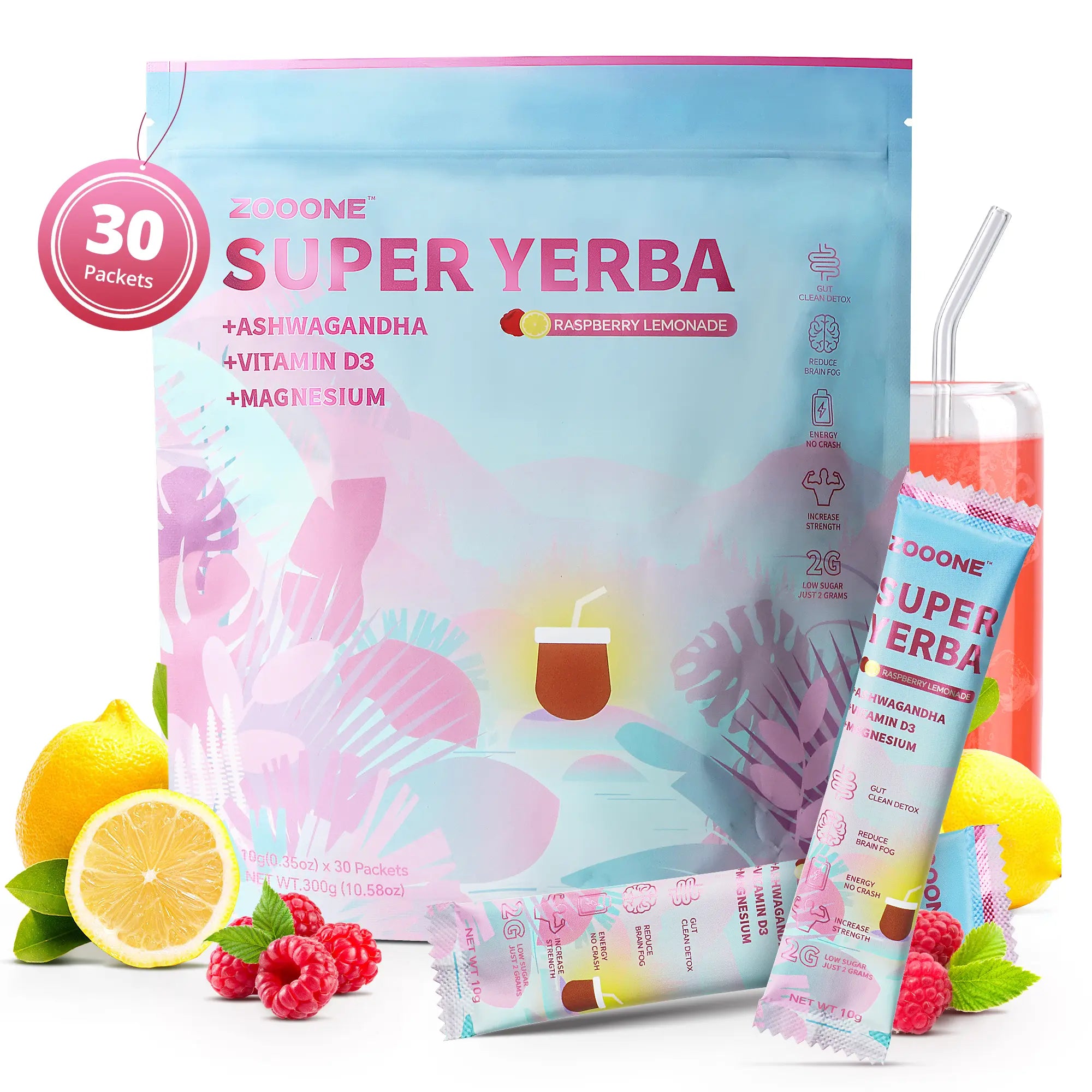 2-Piece Set ZOOONE Super Yerba | Yerba Mate Instant Drink Powder |  RASPBERRY LEMONADE Flavor | 30 Servings