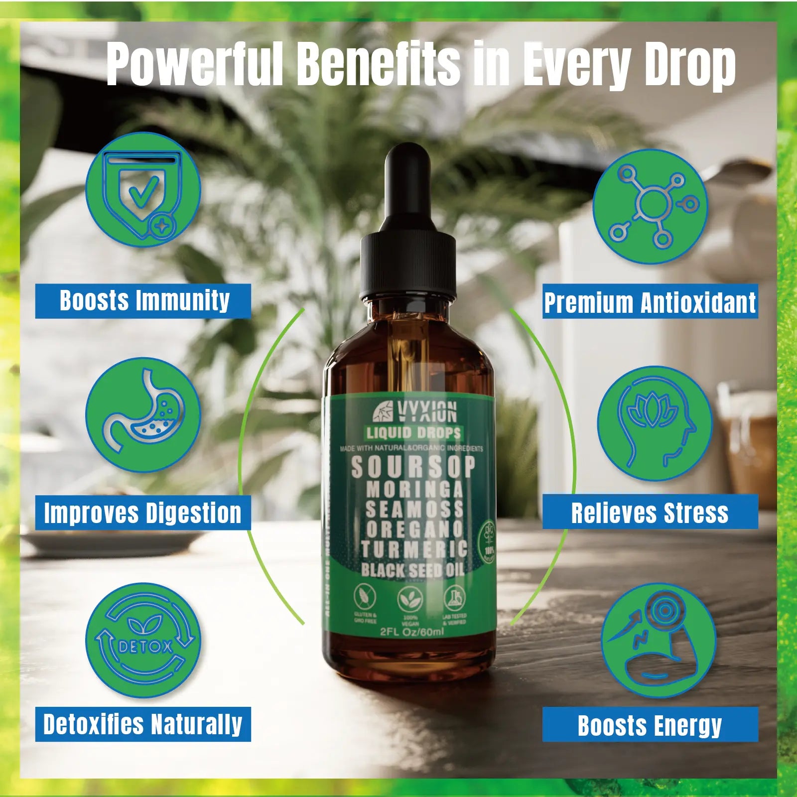 2-Piece Set VYXION Pure Soursop 10 in 1 Liquid Drops Extract - Seamoss,Moringa,Black Seed Oil,Turmeric,Oregano Liquid Drops for Immune System and Gut Health Support