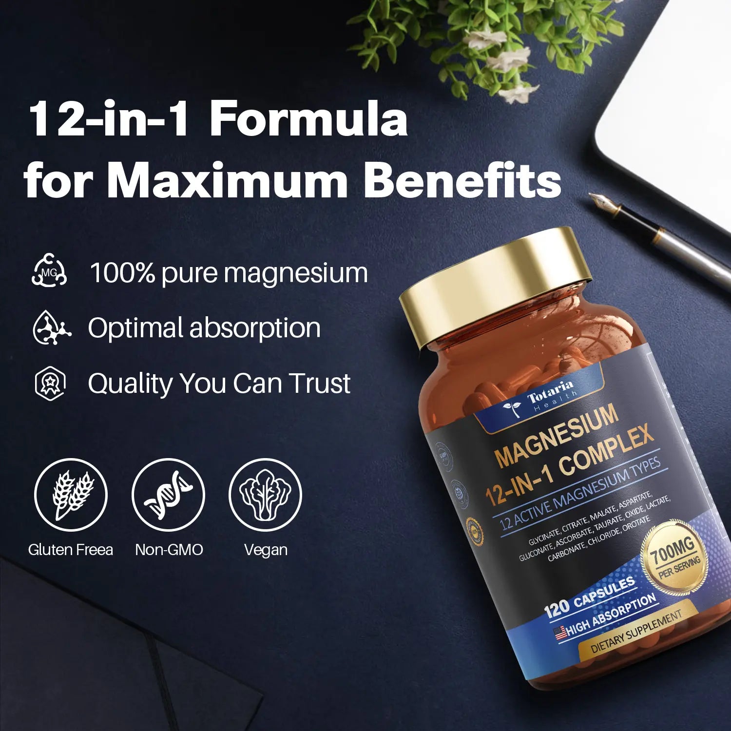 2-Piece Set Totaria 12-in-1 Magnesium Complex 700mg - Supplement with Glycinate Citrate Malate Oxide Taurate Aspartate Orotate, Vegan Capsules for Muscle, Heart, and Relaxation Support
