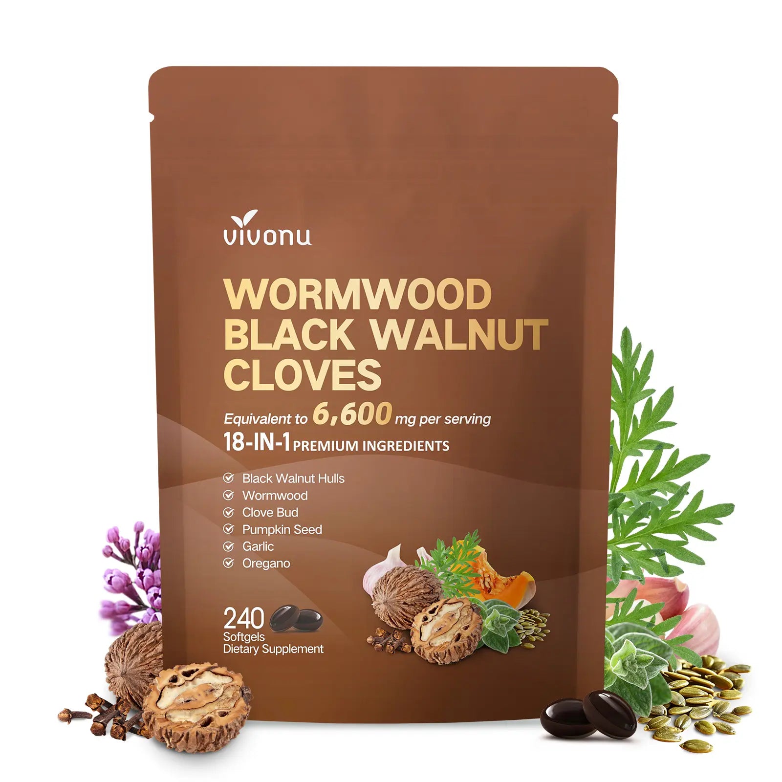 2-Piece Set VIVONU Wormwood Black Walnut Cloves Capsules - Boost Metabolism & Enhance Energy | Contains Black Walnut, Garlic, Wormwood, and More | 240 Capsules (80-Day Supply)