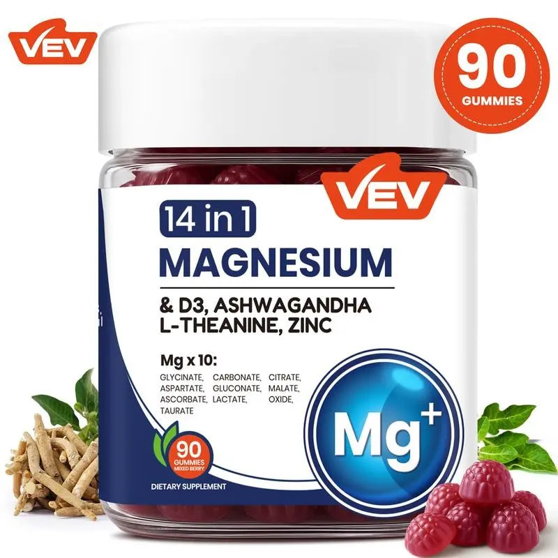 2-Piece Set VEV 14-in-1 Magnesium Gummies | Ashwagandha + L-Theanine + Vitamin D3 + Zinc | Sleep Support, Stress Relief & Immune Boost | Non-GMO, No Artificial Flavors | Adult Daily Gummy