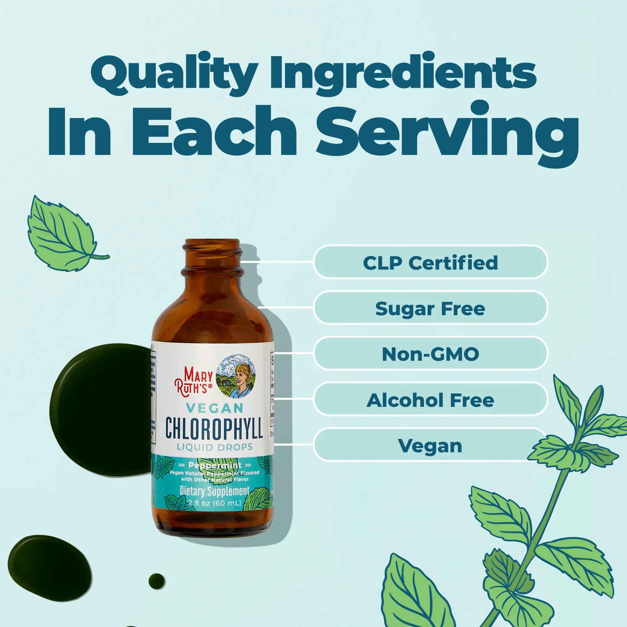 2-Piece Set MaryRuth's Vegan Chlorophyll Liquid Drops - Non-Diluted Liquid Chlorophyll - Mulberry Derived Supplement - Non-GMO - Delicious Minty Flavor - 2 Fl Oz
