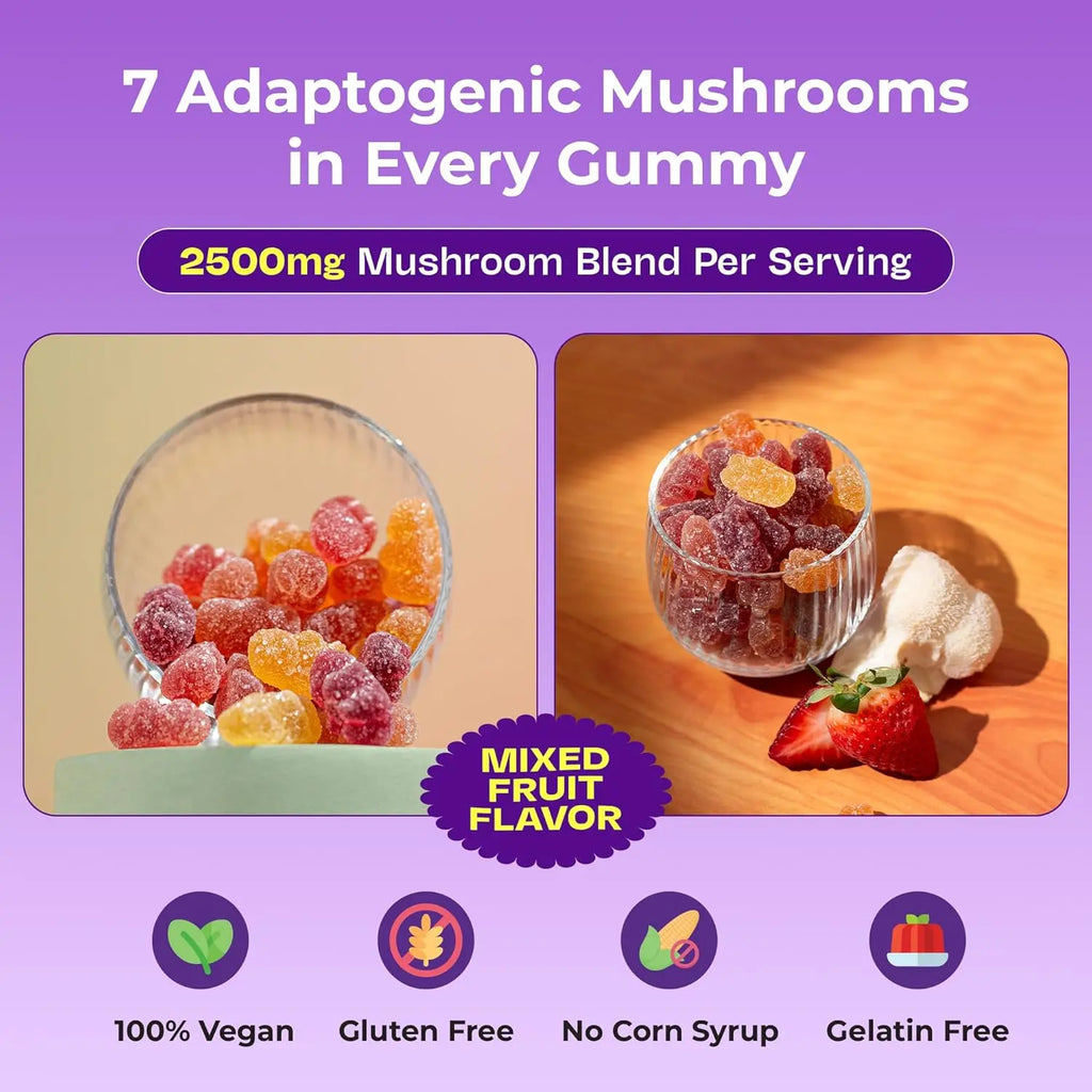 2-Piece Set Drops Of Nature Ashwagandha KSM-66, Reishi, Lions Mane, Shiitake, Cordyceps, Turkey Tail, Maitake, Chaga Supplement Gummies - Mixed Fruits, 80 Gummies