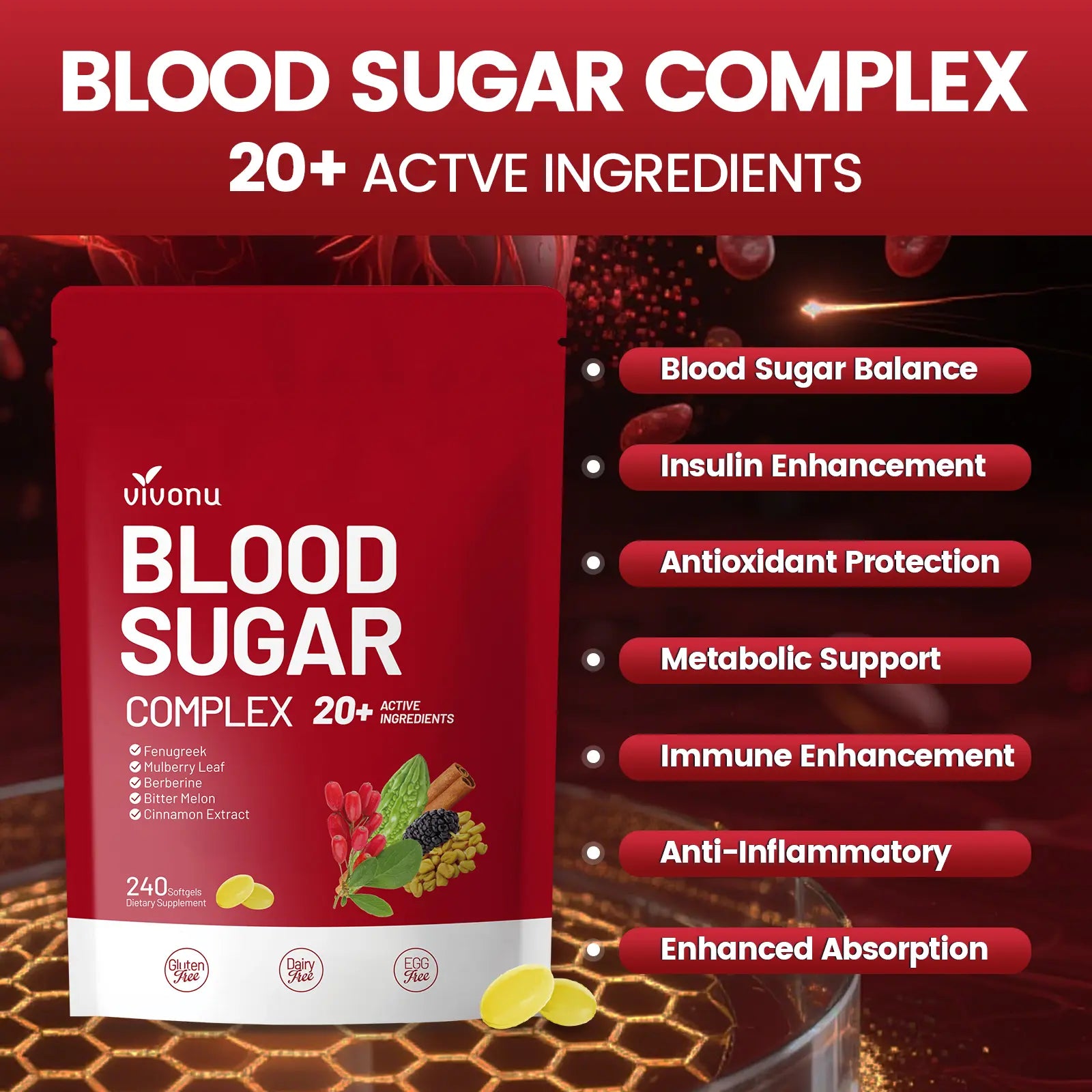 2-Piece Set VIVONU BLOOD SUGAR COMPLEX –Blood Sugar Balance | Antioxidant Support | Metabolic Support | Enhanced Absorption | Bitter Melon + Turmeric + Cinnamon + Mulberry Leaf + Berberine + Fenugreek | 240 Capsules per Bag mothersdaygift