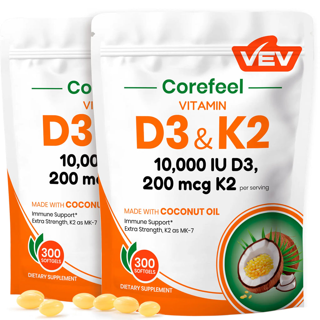 2-Piece Set VEV Corefeel Vitamin D3 K2 10000 IU, 300 Virgin Coconut Oil Softgels, 2 in 1 Vitamins Supplement D & K, Dietary Supplemental Pack, Mothersdaygift, Summervibes