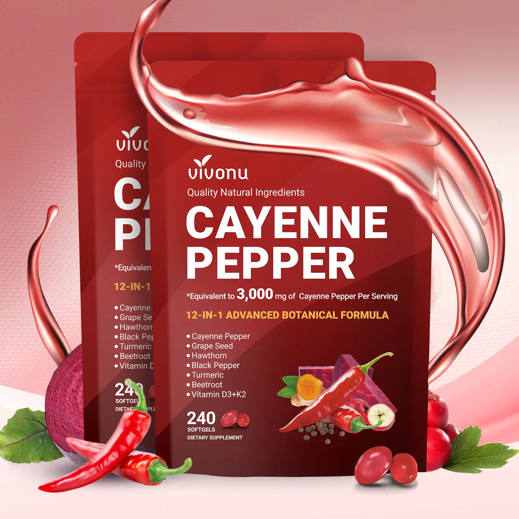 2-Piece Set Cayenne Pepper Softgels Supplement, Supports Leg Vein, Heart and Blood Vessel Health, with Vitamin E D3+K2 and Extracts of Grape Seed, Hawthorn, Beetroot and Others (240 Softge /1 Bag)