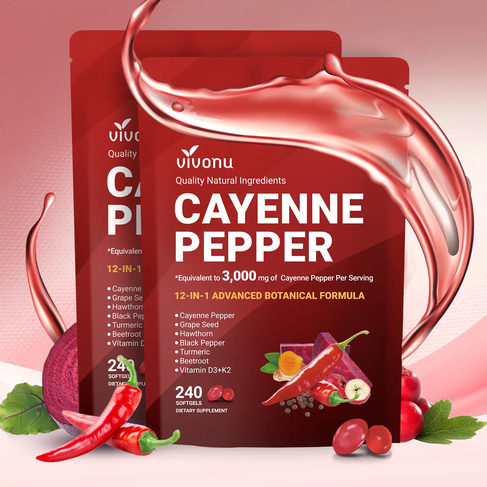 2-Piece Set Cayenne Pepper Softgels Supplement, Supports Leg Vein, Heart and Blood Vessel Health, with Vitamin E D3+K2 and Extracts of Grape Seed, Hawthorn, Beetroot and Others (240 Softge /1 Bag)