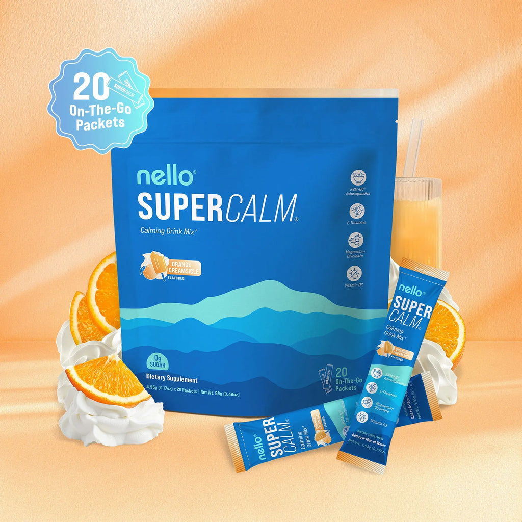 2-Piece Set Nello Supercalm Calming Drink Mix with KSM-66 Ashwagandha Vitamin D3 Magnesium & L-Theanine Supports Cortisol Balance Mood Sleep 20 Servings Travel Packets Dietary Supplement
