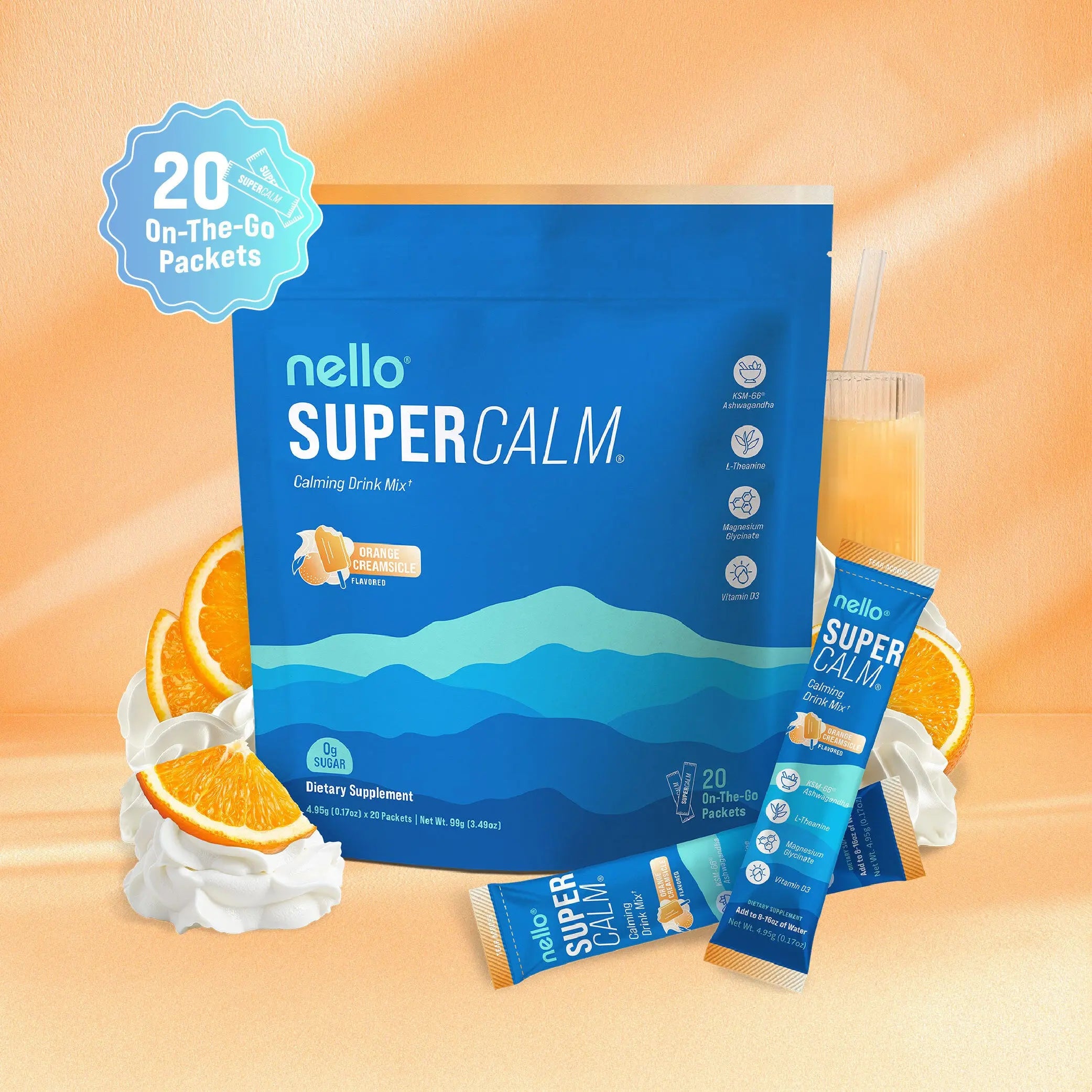 2-Piece Set Nello Supercalm Calming Drink Mix with KSM-66 Ashwagandha Vitamin D3 Magnesium & L-Theanine Supports Cortisol Balance Mood Sleep 20 Servings Travel Packets Dietary Supplement