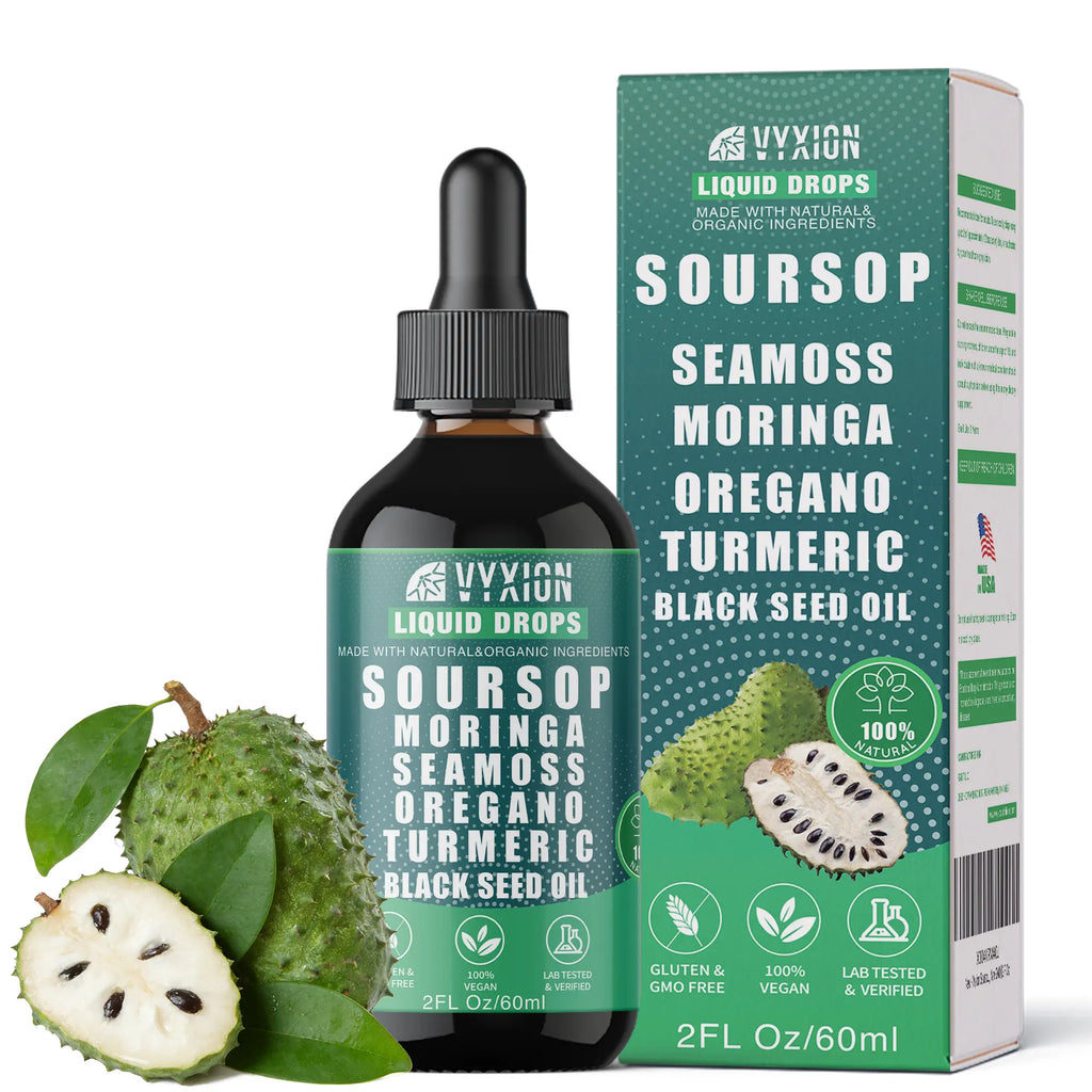 2-Piece Set VYXION Pure Soursop 10 in 1 Liquid Drops Extract - Seamoss,Moringa,Black Seed Oil,Turmeric,Oregano Liquid Drops for Immune System and Gut Health Support
